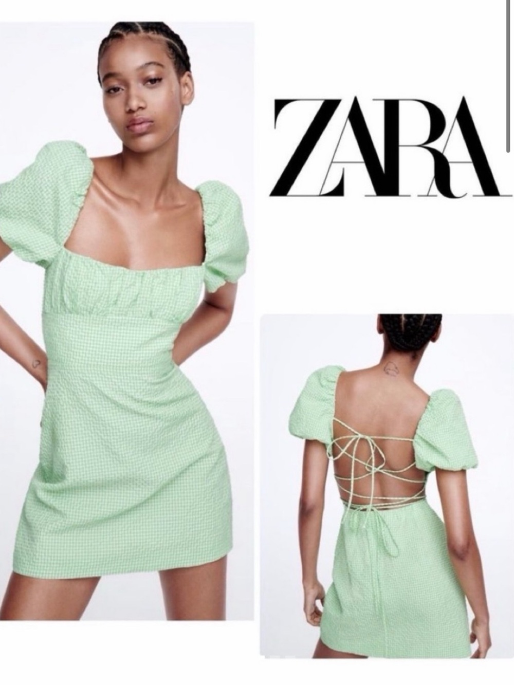 ZARA Mint Green Puff Sleeve Backless Mini Dress
